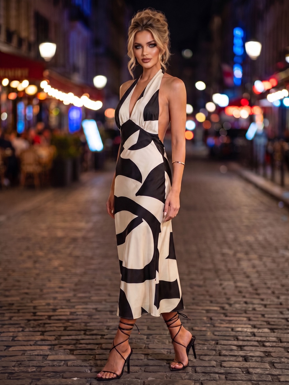 BARDOT Anthropologie Citron Midi Black White Abstract Halter Backless Dress NWT